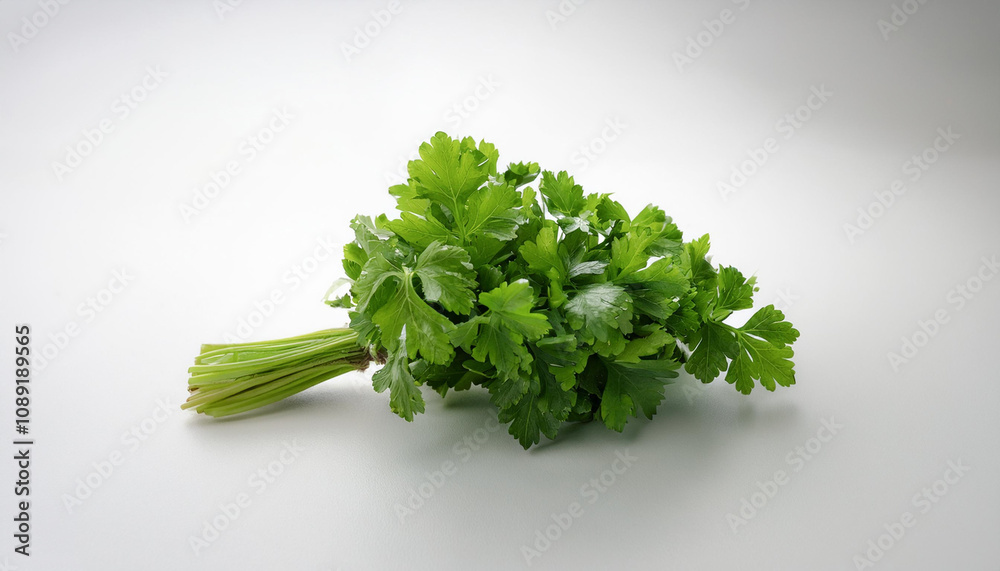 A small bunch of fresh parsley leaves on a white background A small bunch of fresh parsley leaves on a white background