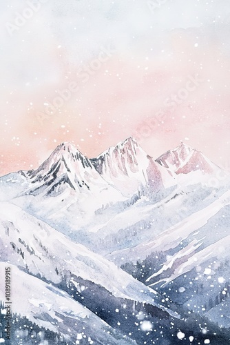 Snowy mountain peaks with gentle snowfall and soft colors.