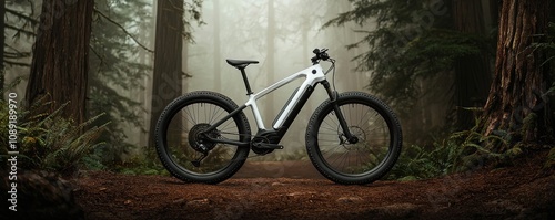 Sleek electric bicycle zooming through a serene forest action shot nature setting eco-friendly transport sustainability concept