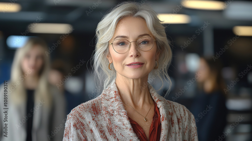 Fototapeta premium Woman with silver hair in glasses stands confidently in a modern office during a business meeting or presentation. Generative AI