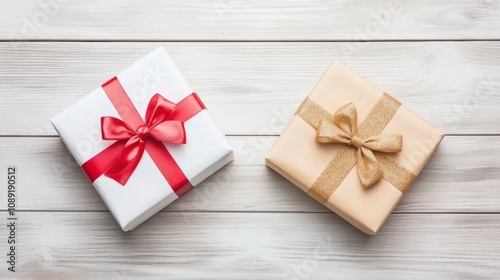 Beautifully wrapped holiday gifts with bows and ribbons in vibrant red and gold