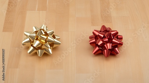 Beautifully wrapped holiday gifts with bows and ribbons in vibrant red and gold