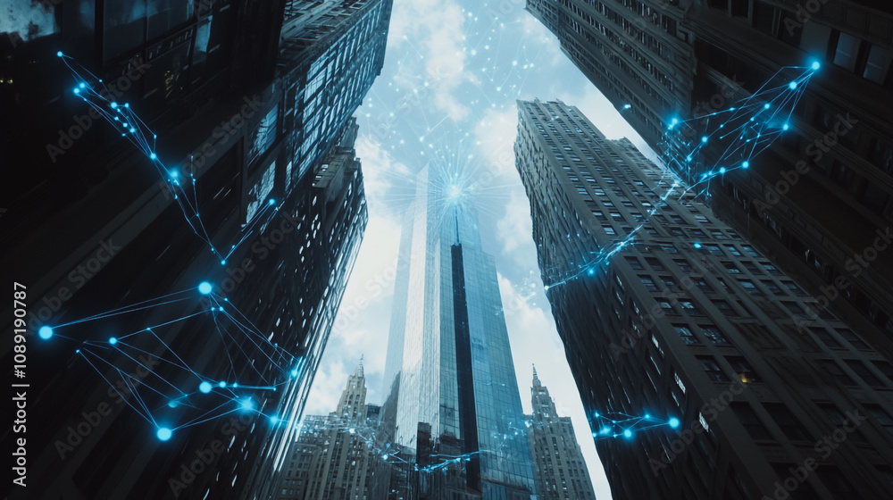 Smart digital Innovation Business skyscrapers in the Financial District with connection network reciprocity over the cityscape. of future smart wireless digital city and social media networking Smart digital Innovation Business skyscrapers in the Financial District with connection network reciprocity over the cityscape. of future smart wireless digital city and social media networking