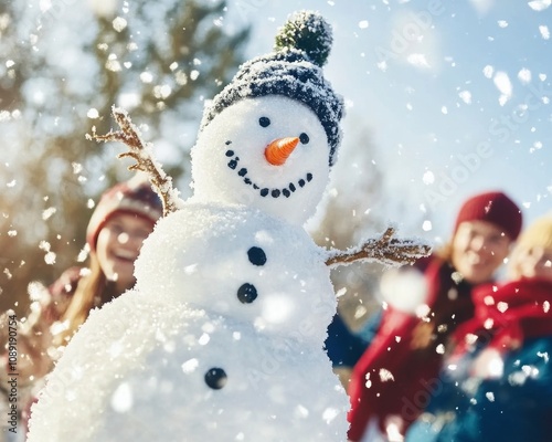 Children building a snowman in a festive neighborhood joyful expressions photo