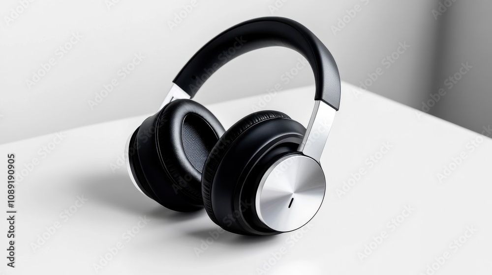 Stylish Black Headphones on White Surface Mockup Stylish Black Headphones on White Surface Mockup