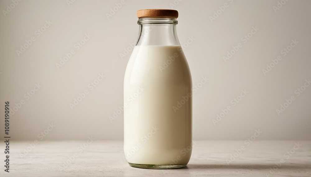 A single bottle of milk with a cork cap against a pastel blue background exuding simplicity and freshness 545 A single bottle of milk with a cork cap against a pastel blue background exuding simplicity and freshness 545