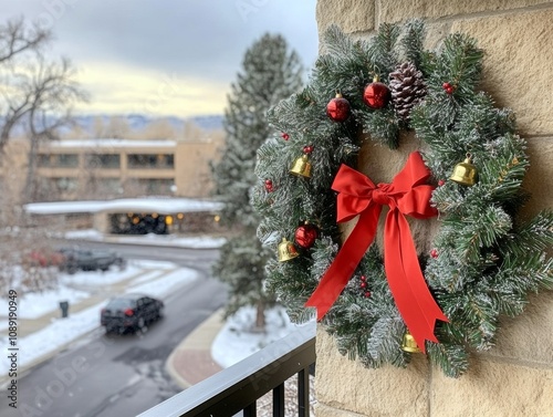 Christmas bell wreath with red ribbons snowy pine in the background