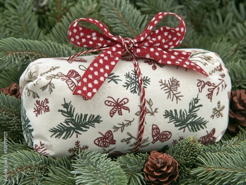 Christmas card and gift wrapping station with festive papers ribbons