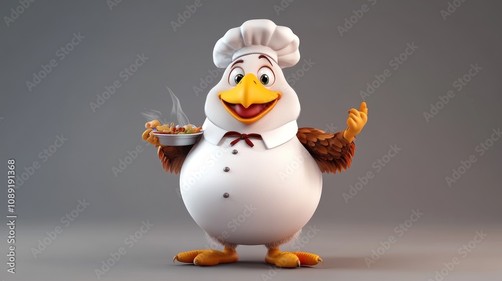 A cheerful cartoon chicken chef holding a steaming dish, showcasing culinary delight. A cheerful cartoon chicken chef holding a steaming dish, showcasing culinary delight.