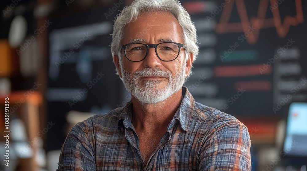 An older man with a beard and glasses poses confidently in a warm, inviting workspace An older man with a beard and glasses poses confidently in a warm, inviting workspace
