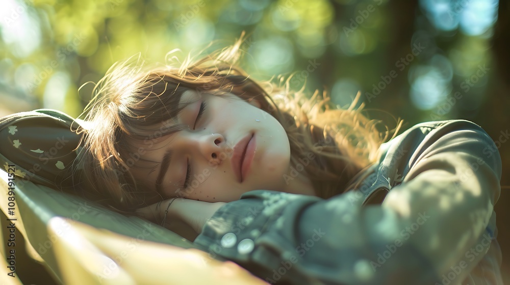 A serene moment of a young woman peacefully sleeping outdoors, surrounded by nature. A serene moment of a young woman peacefully sleeping outdoors, surrounded by nature.