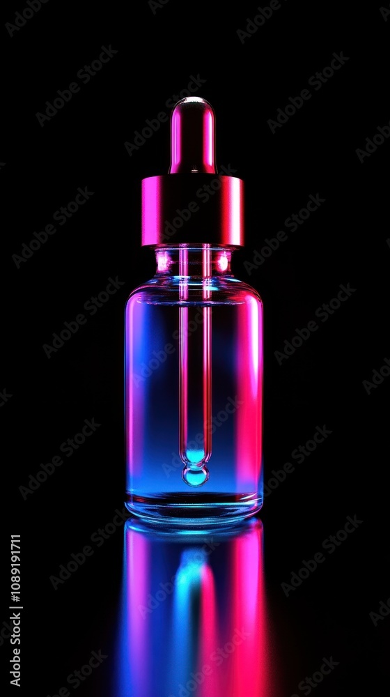 A colorful glass dropper bottle with a reflective surface, designed for liquid products. A colorful glass dropper bottle with a reflective surface, designed for liquid products.