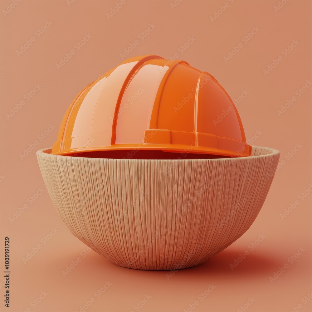 Minimalist Construction Concept with Orange Hard Hat in Wooden Bowl Minimalist Construction Concept with Orange Hard Hat in Wooden Bowl