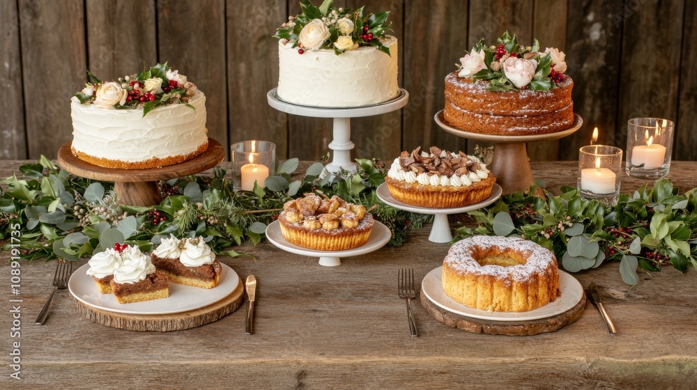 Christmas dessert table with yule log mince pies Christmas dessert table with yule log mince pies