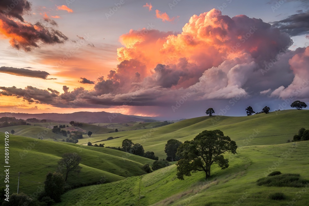 Fototapeta premium Dramatic sunset over rolling hills with vibrant colors and fluffy clouds, sunset, landscape, dramatic