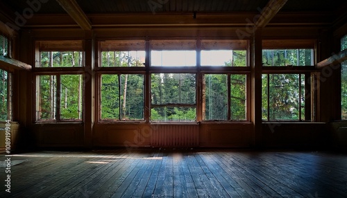 Empty Halls, Verdant Views: Abandoned Room with a Forest Outlook