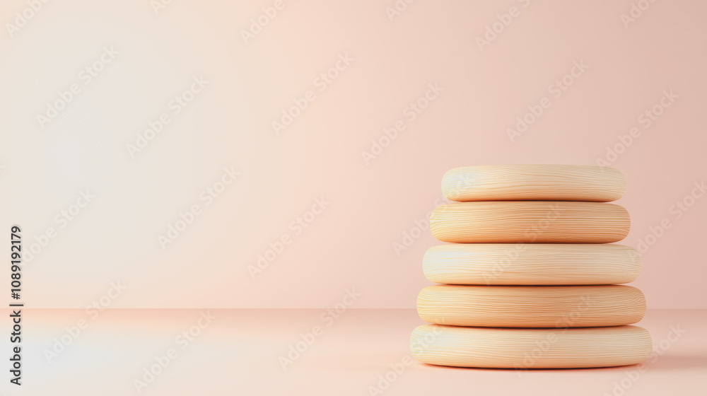 Handmade Wooden Discs Stacked on Smooth Gradient Background, Perfect for Crafting Skills and 3D Woodwork Projects, Ideal for Creative Industries and Workshops Handmade Wooden Discs Stacked on Smooth Gradient Background, Perfect for Crafting Skills and 3D Woodwork Projects, Ideal for Creative Industries and Workshops