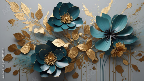 Digital artwork featuring an abstract floral design.  The petals are outlined with gold accents, adding a luxurious touch. The background is a blend of soft gray and black.