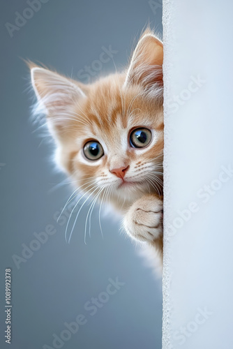 un petit chaton mignon craintif qui sort sa tête de derrière un mur photo