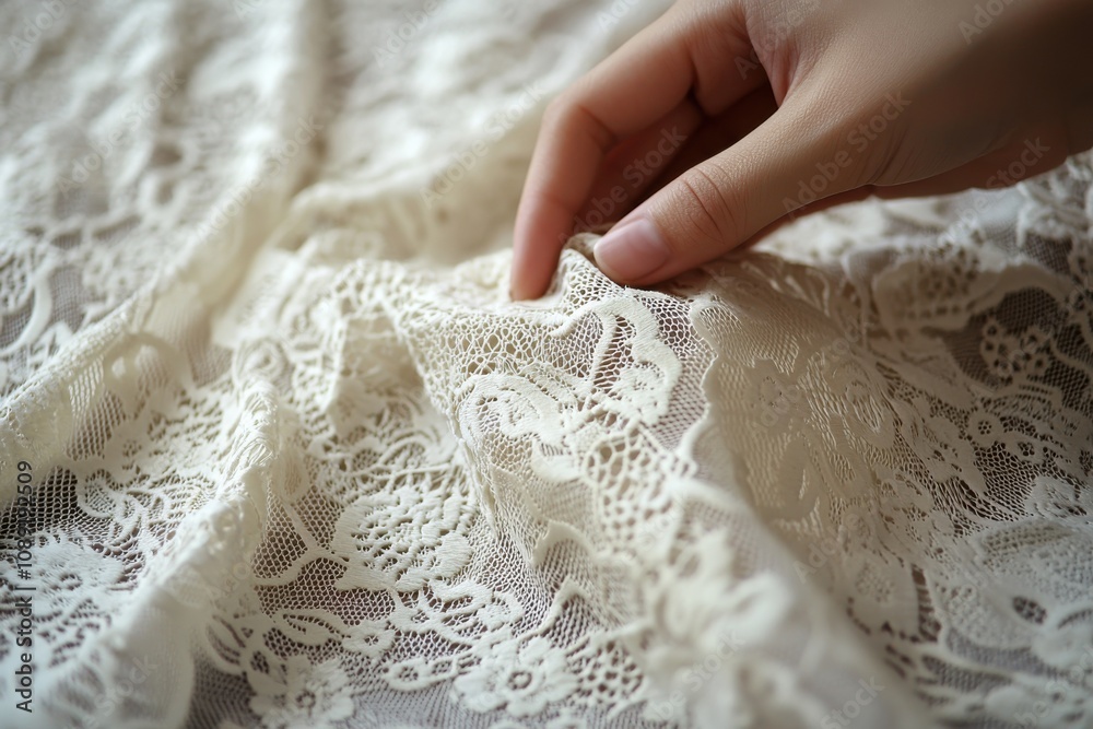 A close-up of a hand touching delicate lace fabric, emphasizing its intricate patterns and soft texture. A close-up of a hand touching delicate lace fabric, emphasizing its intricate patterns and soft texture.