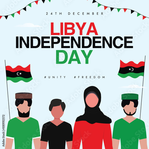 Libya Independence day. 24th December Independence day of Libya celebration banner with its flags, people. The day recalls country's independence from Italian colonial rule in 1951. 