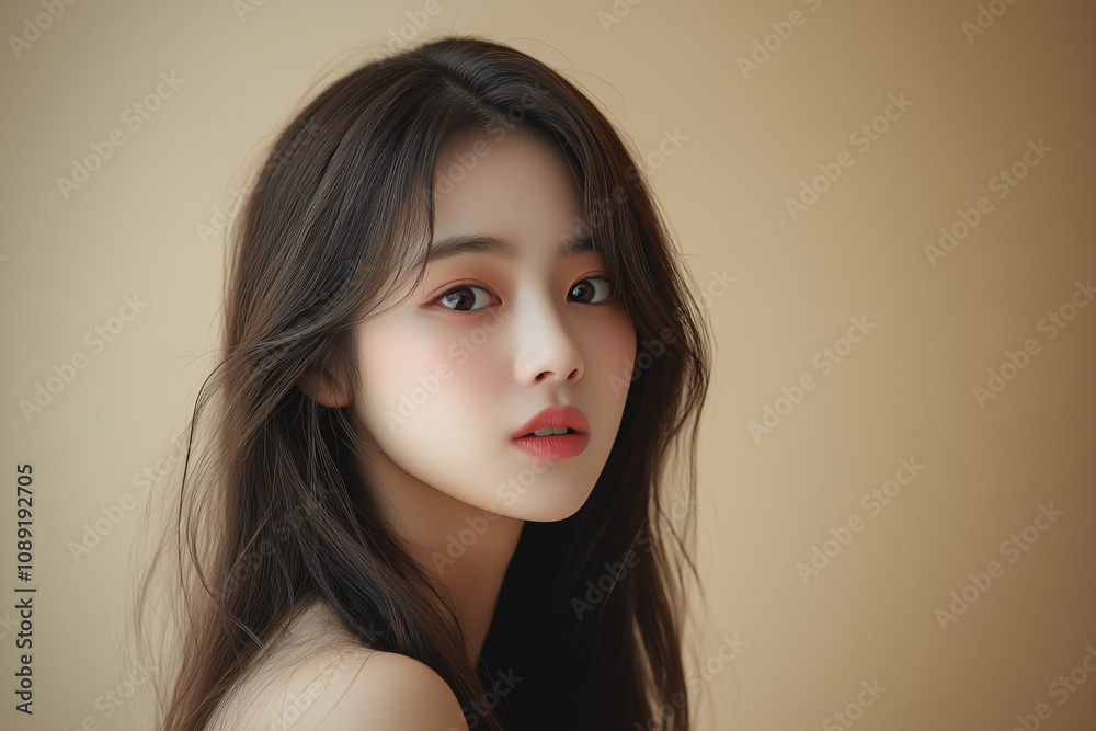 Portrait of a young korean woman indoor setting beauty photography soft lighting close-up expressive emotion