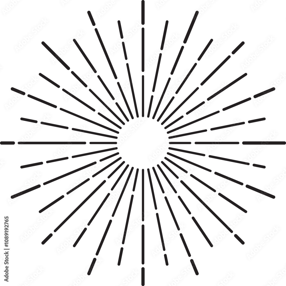 Fototapeta premium Captivating starburst design radiates from a central circle in a vintage style, featuring symmetrical geometric lines and a black and white color scheme