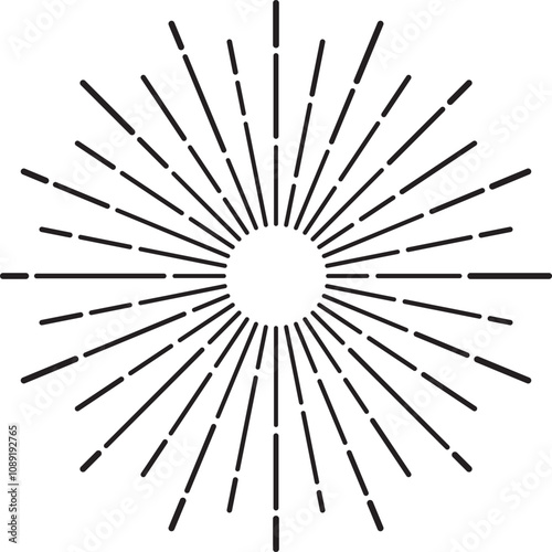 Captivating starburst design radiates from a central circle in a vintage style, featuring symmetrical geometric lines and a black and white color scheme