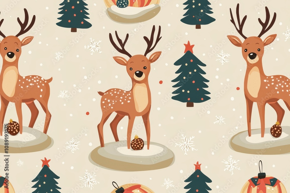 Fototapeta premium A festive pattern featuring playful reindeer and Christmas trees, perfect for holiday-themed designs and decorations.