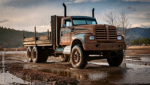 Classic heavy duty logging truck in mud