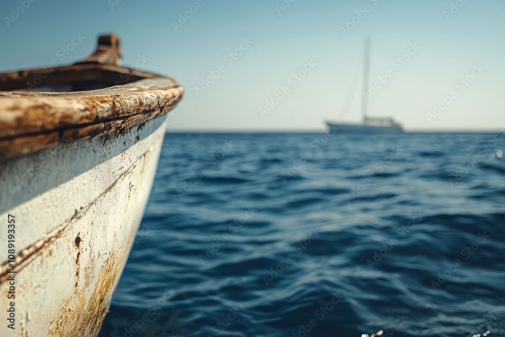 Close-Up of Boat's Side on Water with Distant Boat in Background Close-Up of Boat's Side on Water with Distant Boat in Background