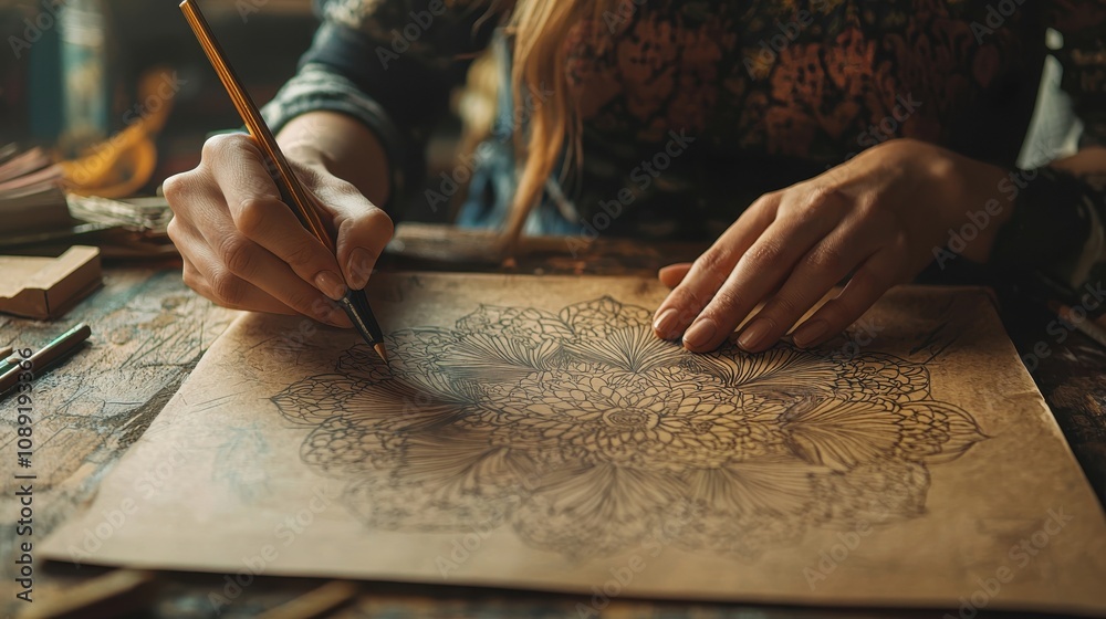 Obraz premium A person skillfully sketches a detailed mandala design with a pencil on textured paper, showcasing creativity and focus.
