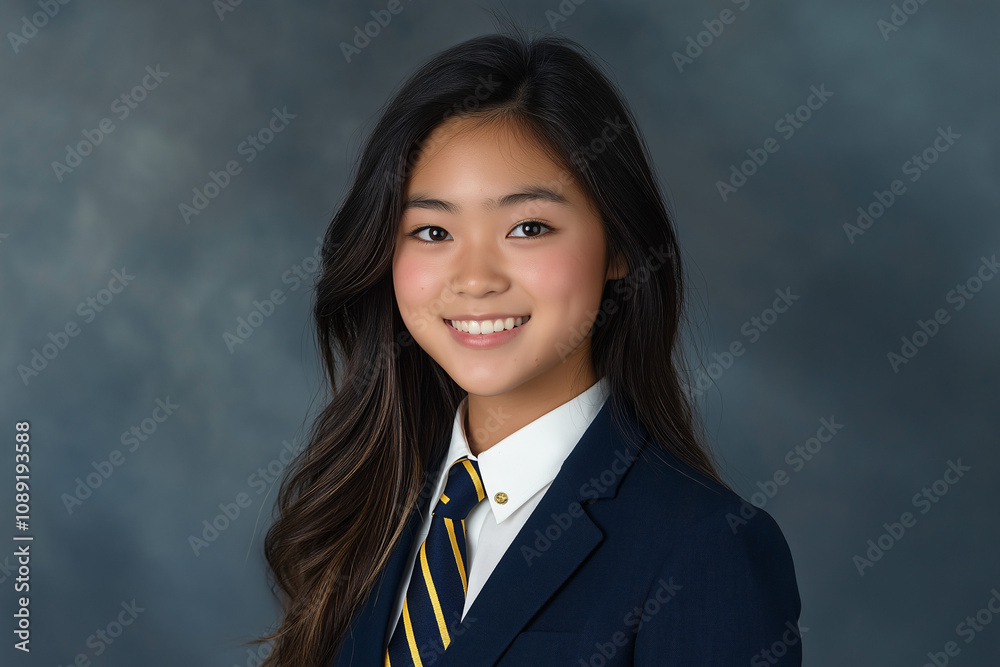 Portrait of a smiling student in formal attire school setting professional photography indoor close-up confidence Portrait of a smiling student in formal attire school setting professional photography indoor close-up confidence