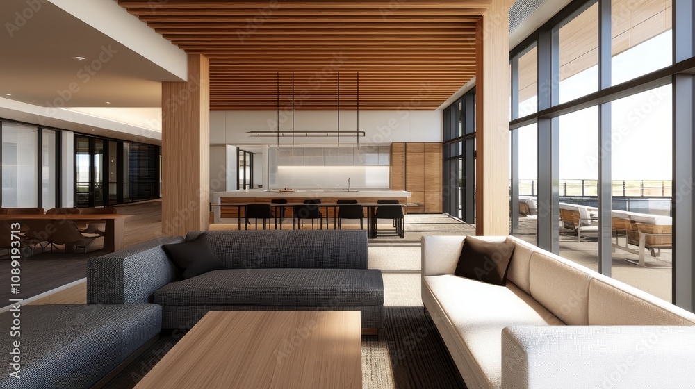 A modern, airy living space featuring a mix of comfortable seating, wooden accents, and large windows allowing natural light. A modern, airy living space featuring a mix of comfortable seating, wooden accents, and large windows allowing natural light.