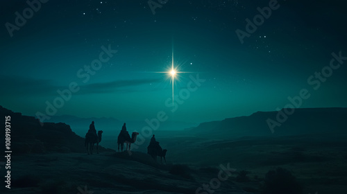 Star of Bethlehem Illuminating the Night Sky Over a Silhouetted Desert Landscape with Three Travelers