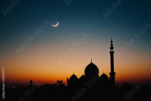 Mosque illuminated at dusk, crescent moon shining, warm sunset sky, peaceful horizon, Sony A6400, soft silhouette, Cinestill 800T film. generative ai photo