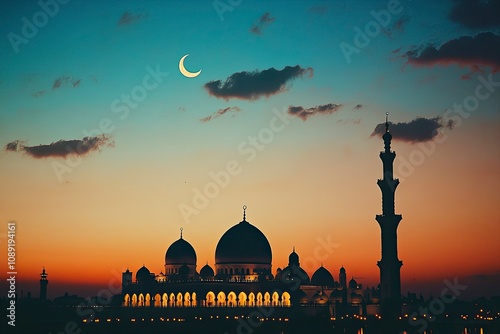 Mosque illuminated at dusk, crescent moon shining, warm sunset sky, peaceful horizon, Sony A6400, soft silhouette, Cinestill 800T film. generative ai photo