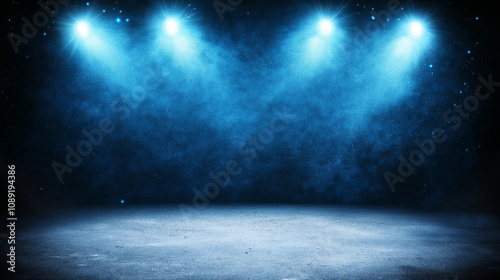 Stage Lights: A dramatic backdrop of blue spotlights illuminate a smoky stage, creating a sense of anticipation and mystery. Perfect for showcasing products, presentations, and performances. 