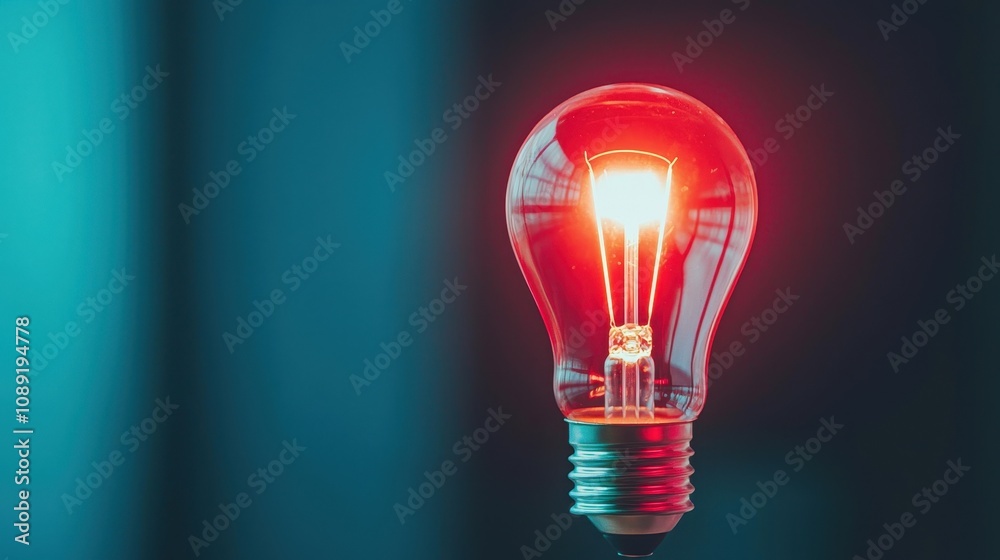 A glowing red light bulb against a teal background, showcasing a modern design and vibrant illumination. A glowing red light bulb against a teal background, showcasing a modern design and vibrant illumination.