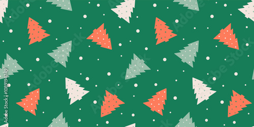 Multicolored Christmas trees on a green background. New Year festive seamless pattern. Vector illustration.