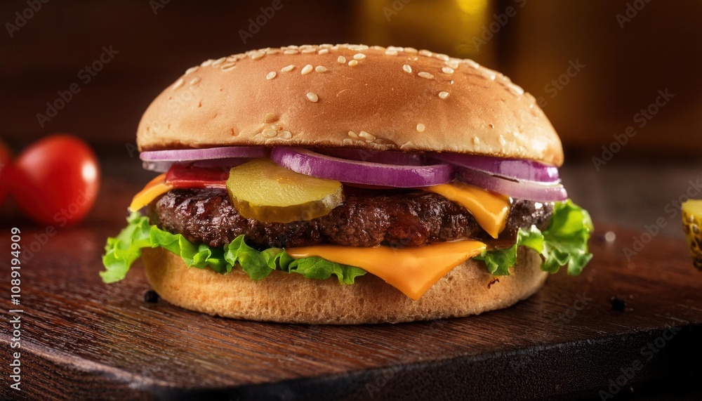 Classic American cheeseburger with a perfectly grilled patty, American cheese, lettuce, tomato Classic American cheeseburger with a perfectly grilled patty, American cheese, lettuce, tomato