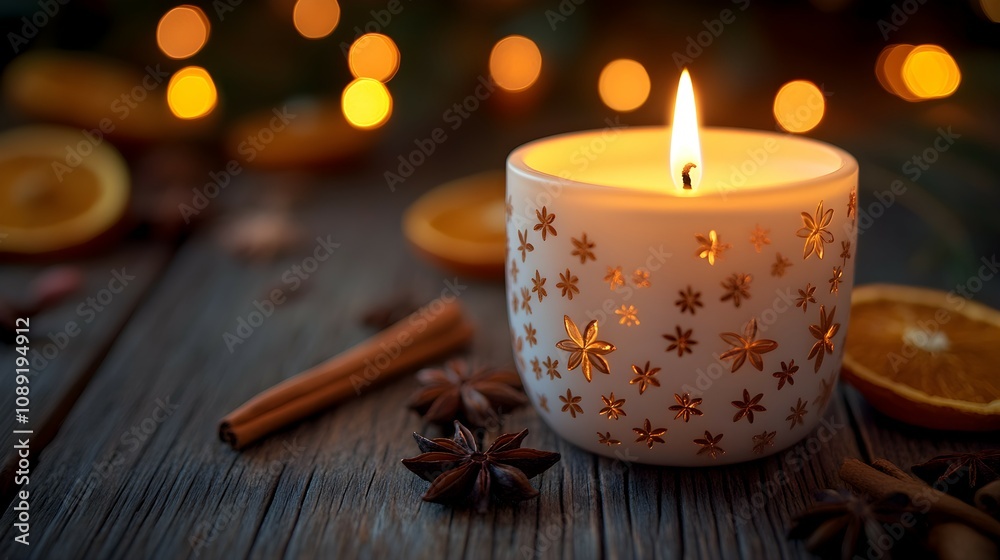 Heart-patterned candle lit on a rustic wooden surface, surrounded by star anise, dried orange slices, and cinnamon sticks, creating a cozy and festive atmosphere. Heart-patterned candle lit on a rustic wooden surface, surrounded by star anise, dried orange slices, and cinnamon sticks, creating a cozy and festive atmosphere.