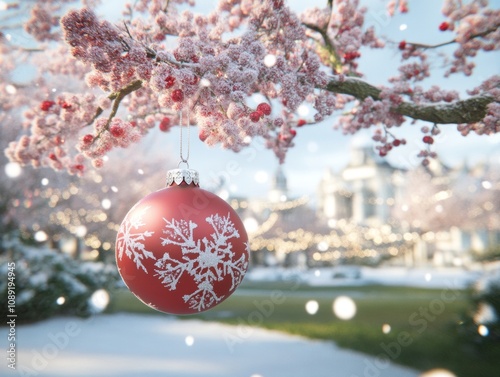 Classic red Christmas bauble with intricate snowflake designs hanging on a snow-dusted tree branch