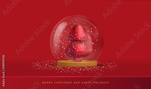 Merry Christmas background with glass transparent ball on golden podium with red cartoon tree and glitter snow inside. Holiday red card with snowball and snow. Vector x-mas design.