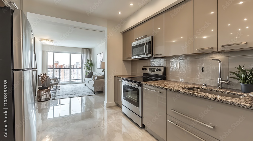 Fototapeta premium Modern kitchen interior design urban apartment photo bright space contemporary style