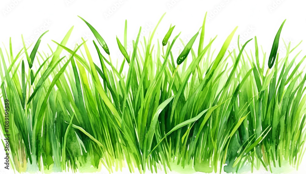 Fototapeta premium Vibrant watercolor painting of lush green grass blades with dewdrops