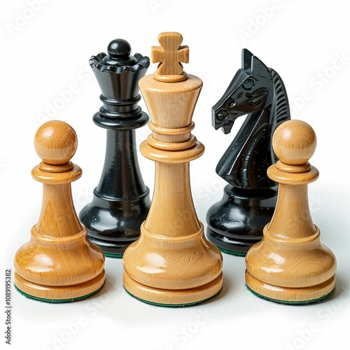 Close up of chess pieces; two pawns  king  queen  and knight. photo