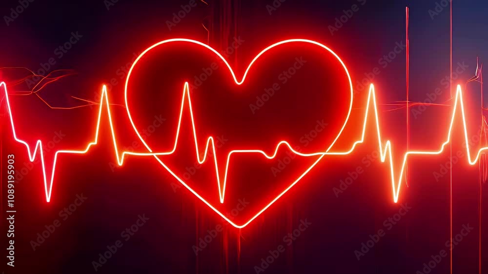 Glowing neon heart with EKG rhythm line. Glowing neon heart with EKG rhythm line.