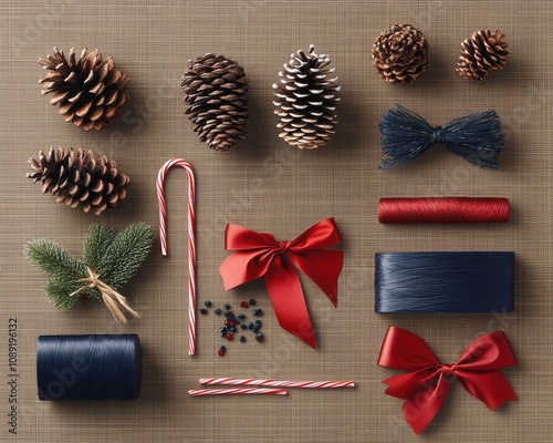 Close-up of gift-wrapping station with pinecones twine