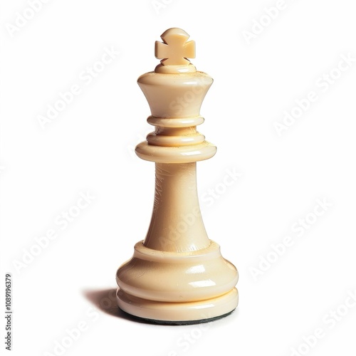 A close up view of a single ivory chess king piece isolated on white background.